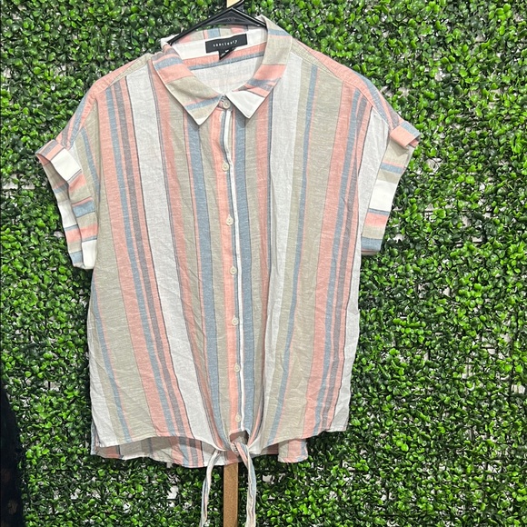 Sanctuary Tops - Sanctuary Borrego Tie Button Down Sierra Stripe Shirt size Medium Cotton Linen